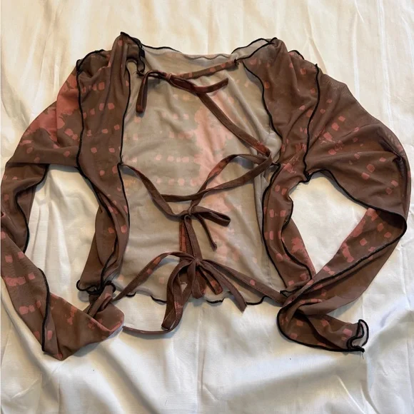 Boohoo Sheer Mesh Long Sleeve Top Size 6 Brown Pink Y2K Aesthetic - Picture 5 of 8
